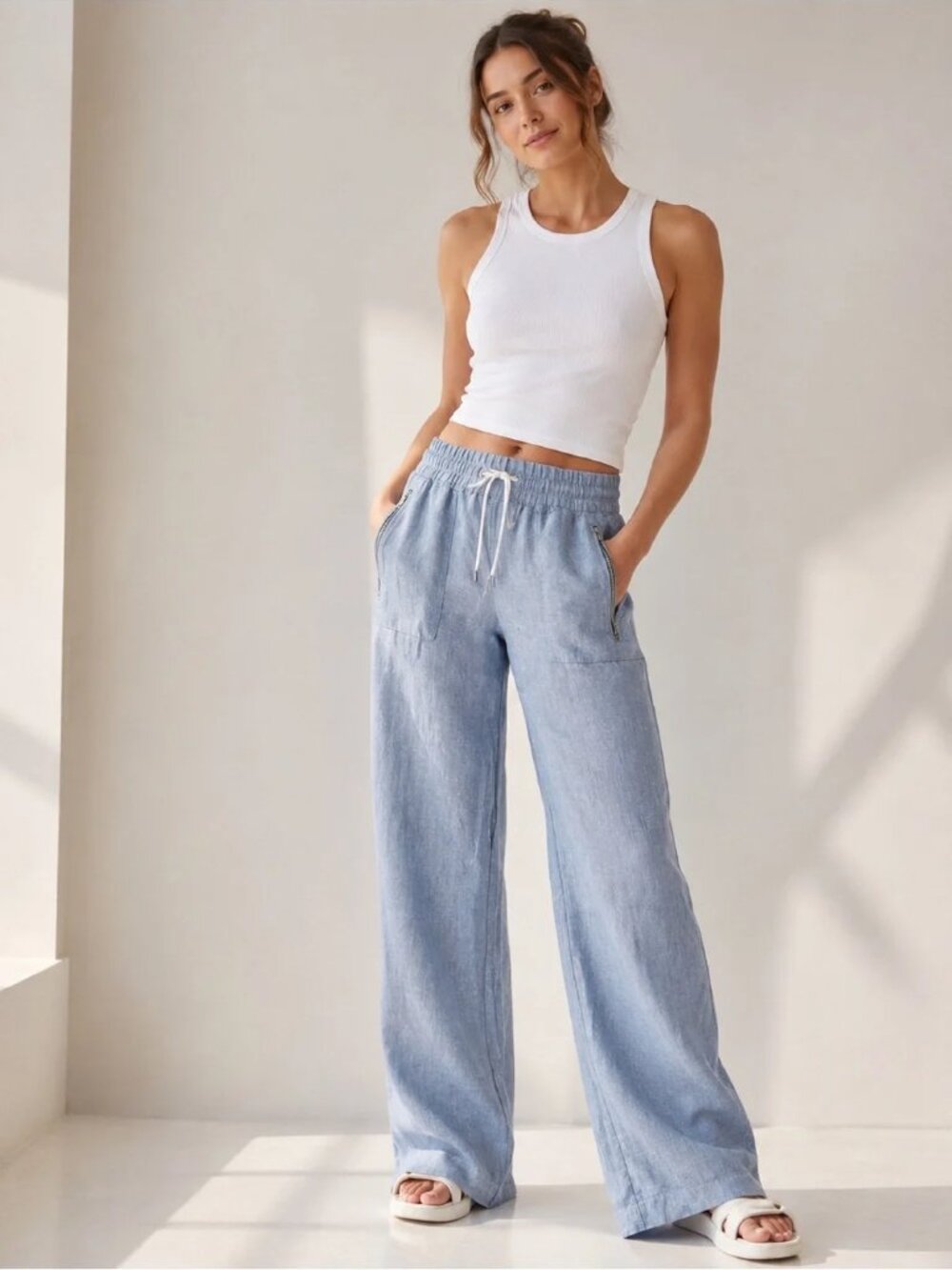 Athleta Blue Elastic Waist Pull On Cabo Linen Wide Leg Pants
